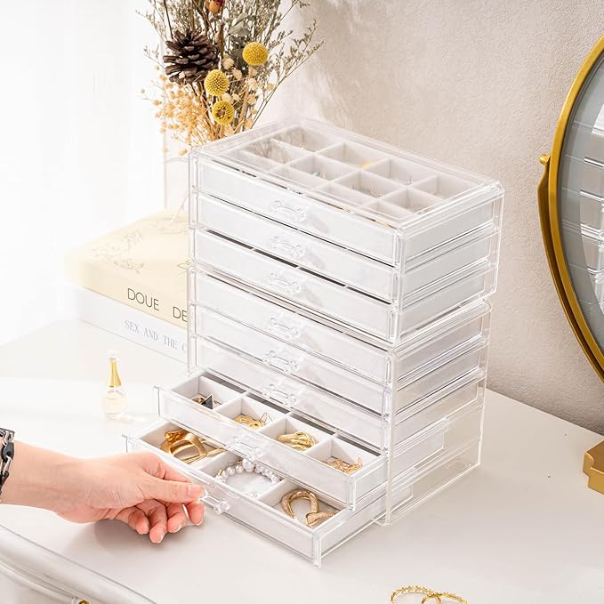 ProCase Earring Holder Organizer Jewelry Box with 8 Drawers, Acrylic Clear Earring Case with Adjustable Velvet Trays for Wome