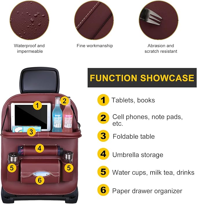 2 PCS Car Seat Back Pocket, Waterproof Leather Auto Back seat Organizer for Kids, Upgraded Car Organizer with Tablet Holder Pockets, Universal Interior Car Accessories (Wine Red)