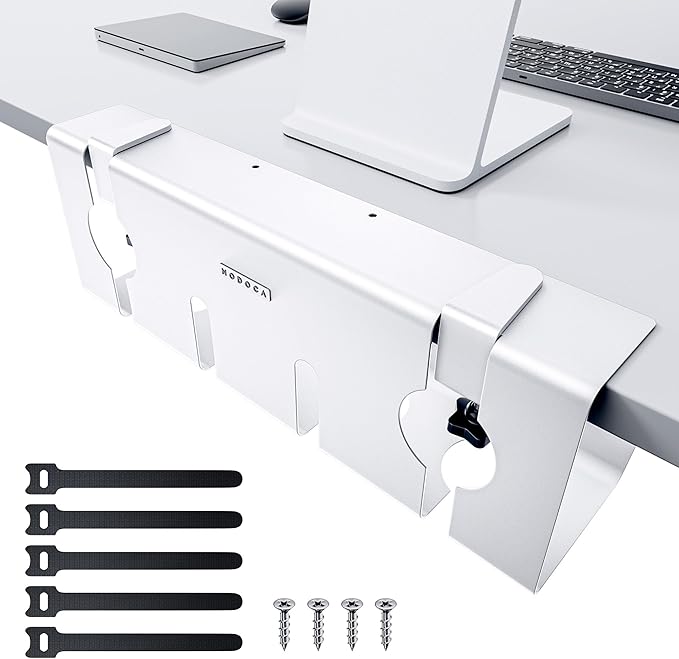 NODOCA No Drill Under Desk Cable Management Tray, 17'' Wire Management, Punch-Free Clamp on, Metal Cable Tray, Wire Organizer