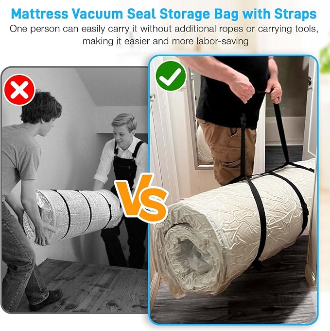 Mattress Vacuum Bag Queen/Full/Full-XL Space Saver Mattress Vacuum Seal Bag with Straps for Moving Double Zip Seal Reusable M