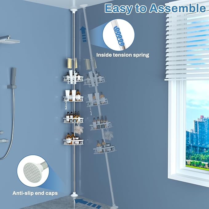 Rustproof Shower Corner Caddy Shelf for Bathroom Tension Pole Organizer with 4 Baskets for Bathtub Shampoo Storage from 23.6 