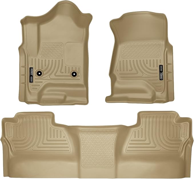 Husky Liners Weatherbeater Floor Mats | Fits 2014-2018 Chevrolet Silverado 1500 & GMC Sierra 1500; 15-19 Silverado/Sierra 2500HD/3500HD Crew CAB(Footwell Cvg) | Front & 2nd Row, 3-pc Tan - 98233