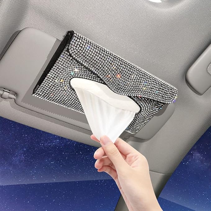 Bling Car Sun Visor Tissue Box Holder Pure Hand-Made Sparkling Crystal Auto Napkin Holder PU Leather Backseat Tissue Case for Women (Pink)