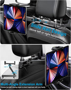 Car Back Seat Tablet Holder, [Thick Case Friendly] Car Headrest Tablet Mount Stand with Extension Arm, Road Trip Essentials for Kid, Fits iPad Pro 12.9 Air Mini, Tab, iPhone, 6.1-13" Device