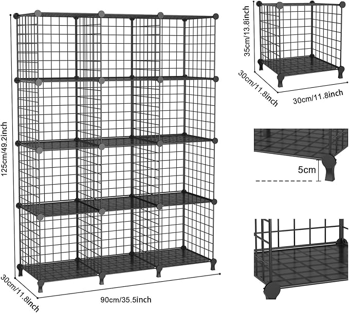 12-Cube Storage Organizer, Metal Wire Cube Shelving Unit, 11.8" L x 11.8" W x 11.8" H, Modular Grid Bookshelf for Closet, Bed