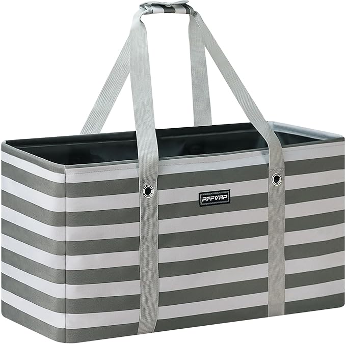 Stand Up Extra Large Utility Tote Bag, Foldable Reusable Grocery Bags with Metal Wire Frame & Reinforced Bottom Board, Large Utility Tote for Shopping, Car Trunk, Beach Bag (Grey)