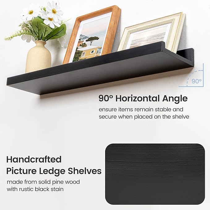 Picture Ledge Wall Shelves - 36 Inch Width Set of 3, Solid Pine Wood Rustic Floating Ledge Shelves for Kids' Room, Bedroom, K