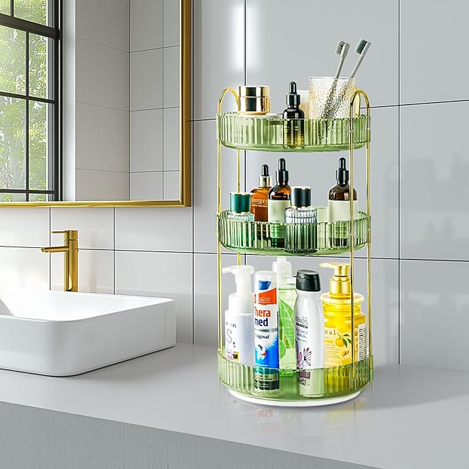 360 Rotating Makeup Organizer - Large Capacity Spinning Perfume & Cosmetic Skincare Holder for Vanity & Countertop (Gem Green
