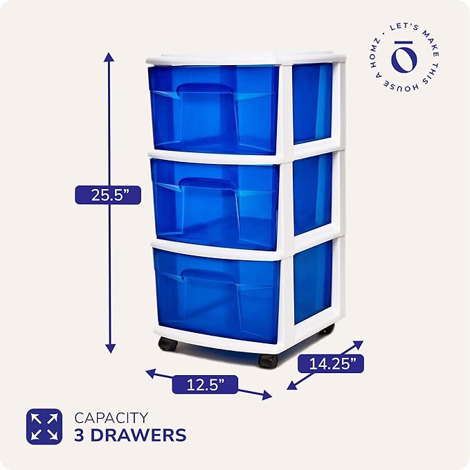 HOMZ Drawer Tower, 3-Tier Clear Blue Plastic Storage Organizer Cart, White Frame - Rolling Drawer Containers with Wheels for 