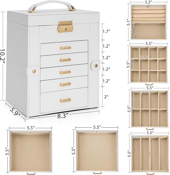 AKOZLIN 6-Tier Jewelry Box Lockable Leather Jewelry Storage Case with 5 Drawers for Women Girls Ring Necklace Earring Bracele
