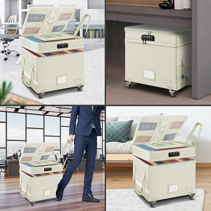 DocSafe Fireproof Document Box with Lock,2-Layer File Box with Wheels,Collapsible File Storage Organizer with Pockets,Large P