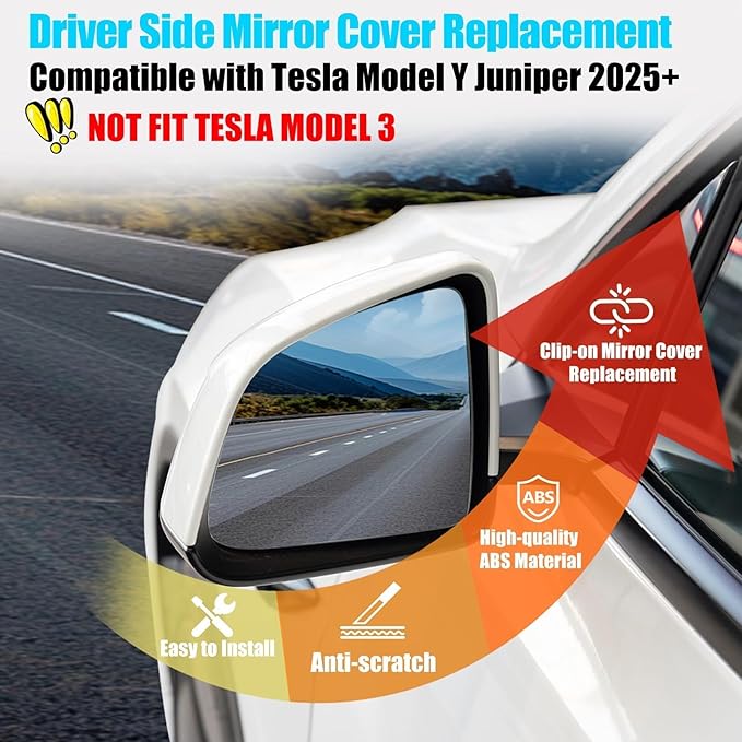 Jaronx Compatible with Tesla Model Y Mirror Cover Replacement Juniper 2025 2026, Left Driver Side Clip-on Rear View Mirror Cover Cap for Tesla Model Y Juniper Accessories 1963538-D0-B (Pearl White)