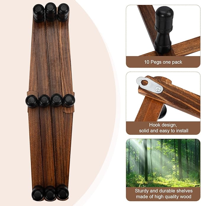 Accordion Wall Hanger, Wood Expandable Wall Mounted Hanger with 10 Hooks for Coats,Hats,Coffee Mug Ect,1 Pack Included, 10 Pe