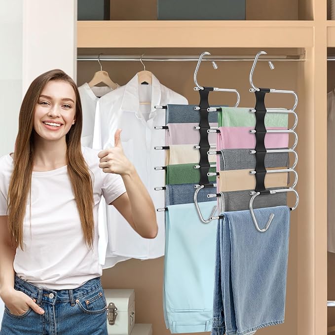 Upgrade 6 Layers Pants Hangers Space Saving, 2 Pack Stainless Steel Multifunctional Rack Non Slip S-Type Pant Closet Organize