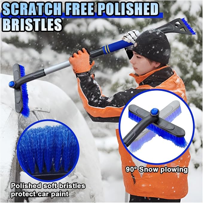 31.5" Detachable Snow Brush and Ice Scraper for Car Windshield, 2-in-1 Winter Snow Removal Tool with Extendable, 360° Rotating Soft Bristle Brush Head and Foam Grip for Most Vehicles (2PCS&Blue)