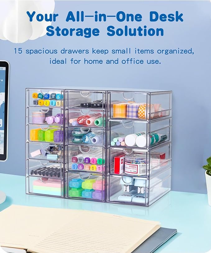 VZKAH Clear Acrylic Organizer with Drawers | 15-Drawer Desktop Unit | Makeup & Desk Organization and Storage Box for Office, 