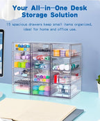 VZKAH Clear Acrylic Organizer with Drawers | 15-Drawer Desktop Unit | Makeup & Desk Organization and Storage Box for Office, 