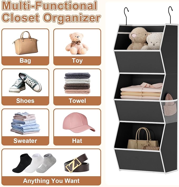 Hanging Closet Organizer 3 Shelf Collapsible Bedroom Closet Organizers and Storage Hanging with Mesh Pocket for Clothes, Clos