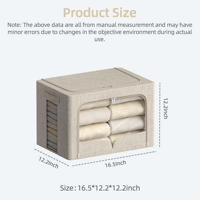 FHSQX 3 Pack Clothes Storage Bins - Foldable Metal Frame Storage Box - Stackable Linen Fabric Container Organizer Set with Ca