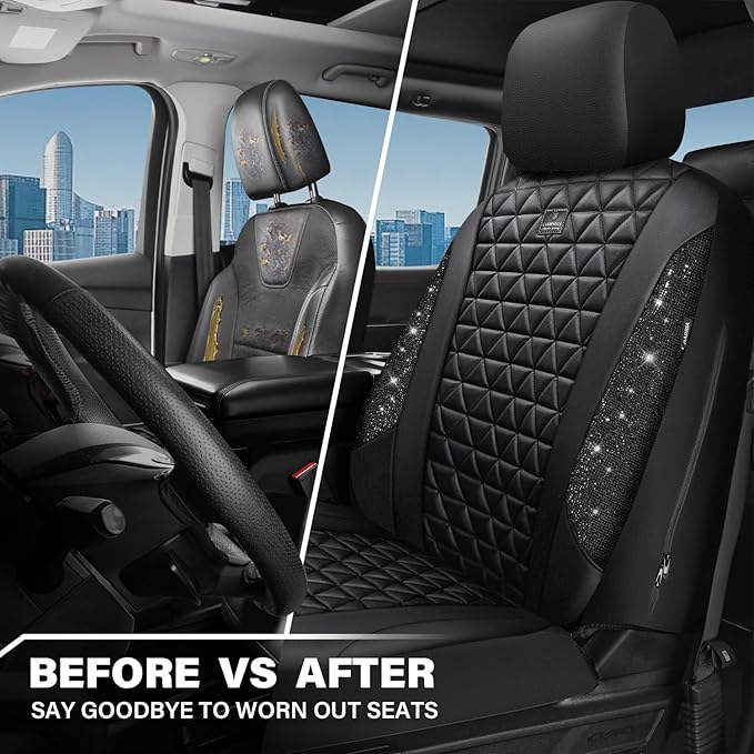 CAR PASS Bling Diamond Leather Car Seat Covers 2 Front Seats Interior Sets, Waterproof Shining Glitter Sparkly Crystal Univer