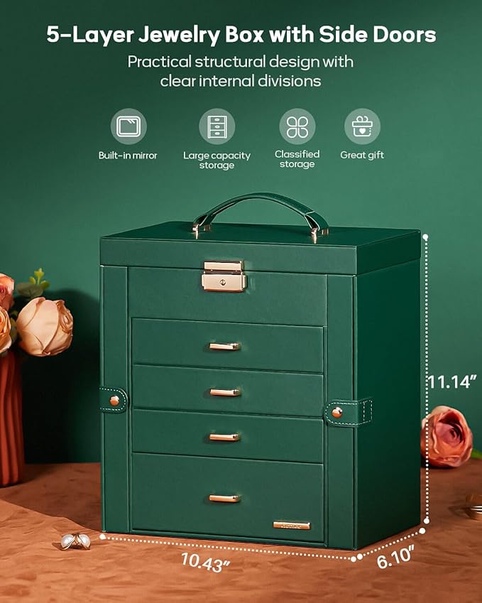 Homde Synthetic Leather Huge Jewelry Box Mirrored Watch Organizer Necklace Ring Earring Storage Lockable Gift Case (Forest Gr