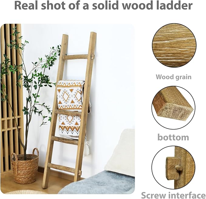 Blanket Ladder Fully Assembled 57in Wooden Ladder Shelf Living Room Bathroom Bedroom Decorative Wall Leaning Farmhouse Quilt 