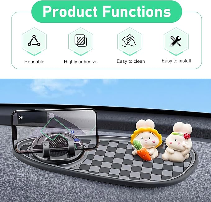 Multifunction Car Anti-Slip Mat, Storage Pad & Rotatable Phone Holder & Parking Number Plate, 11.8" x 5.4" Organizer Pad for 