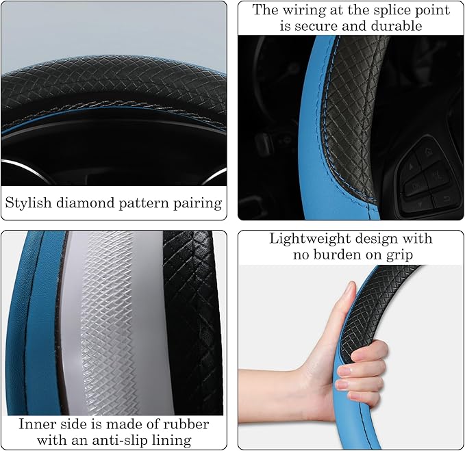 Black & Blue Car Steering Wheel Cover, Microfiber, Leather Patchwork, Universal 14.5-15 Inch Leather Anti-Slip Breathable Aut