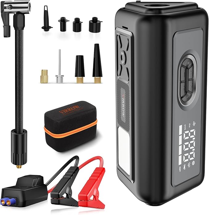 Tire Inflator Portable Air Compressor with Electric Air Duster and Car Jump Starter: 150PSI Cordless Bike Pump - 130000RPM -