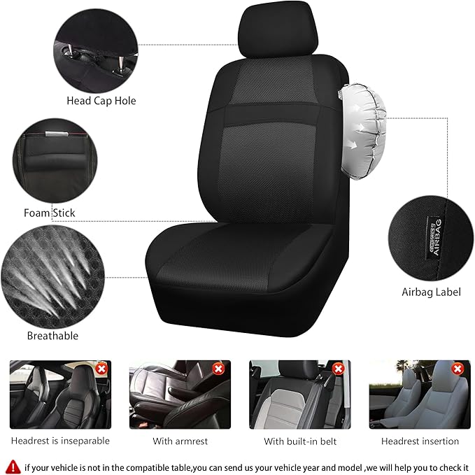 CAR PASS Universal 13PCS 3D Air Mesh Car Seat Covers -100% Breathable Seat Covers Full Sets Steering Wheel and Belt Cover Airbag and Rear Split Bench Compatible for Automotive SUV Truck (Pure Black)