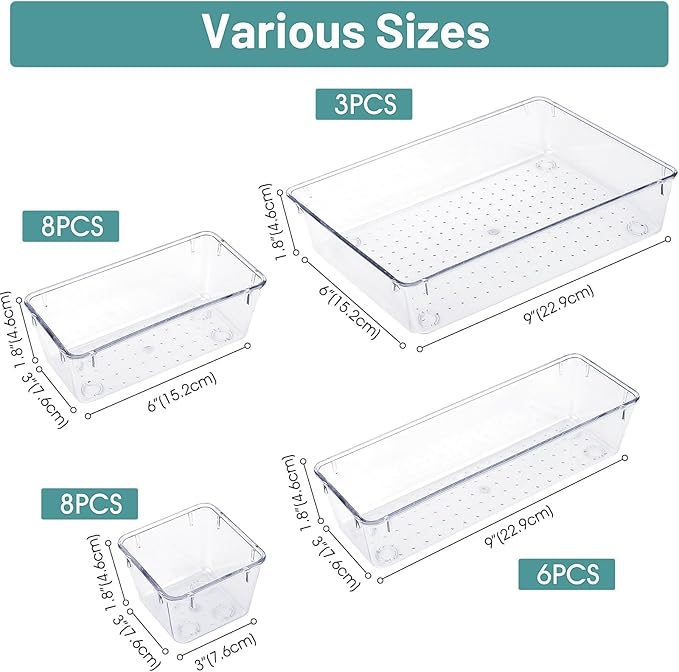 WOWBOX 25 PCS Clear Plastic Drawer Organizer Set, 4 Sizes Desk Drawer Divider Organizers and Storage Bins for Makeup, Jewelry