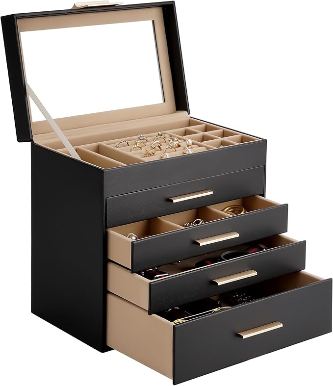 Somduy Jewelry Box, 5 Layers Jewelry Storage Display Box with Glass Lid for Women, 4 Drawers,Large Capacity for Necklace Earr