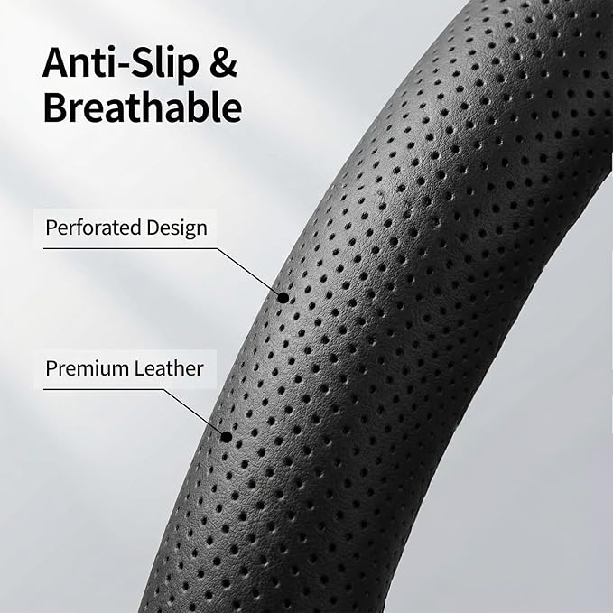 Leather Steering Wheel Cover for Jeep Wrangler Grand Cherokee Compass, 14.5-15 inches Car Steering Wheel Cover with Non-Slip 