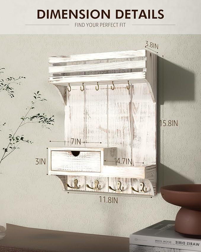 Rebee Vision Farmhouse Key Holder Wall Mount with Mini Drawer Organizer - Decorative Mail Organizer with 9 Key Hooks & Shelf 