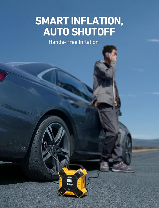 AstroAI Air Compressor Tire Inflator Portable Air Pump for Car Tires, 12V DC Integrated Metal Structure Tire Pump 160PSI with LED Light for Cars, Bicycles, Motorcycles, and Other Inflatables(Yellow)