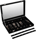 Frebeauty Velvet Jewelry Tray,35 Grid Jewelry Organizer with Clear Lid,Earring Holder Organizer Case with Clasp,Drawer Insert