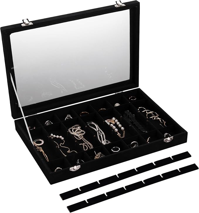 Frebeauty Velvet Jewelry Tray,35 Grid Jewelry Organizer with Clear Lid,Earring Holder Organizer Case with Clasp,Drawer Insert