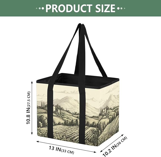 Tuscan Countryside Reusable Grocery Bags Large Shopping Tote Bag with Reinforced Bottom Board, Water Resistant Foldable Stora