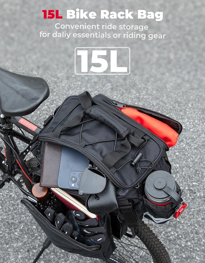 KEMIMOTO Bike Rear Rack Bag with Rain Cover, 15L Thickened Foldable Pockets Water Resistant Bicycle Bag, Bike Trunk Pannier for Commuter Cycling Trip Grocery Shopping, Black
