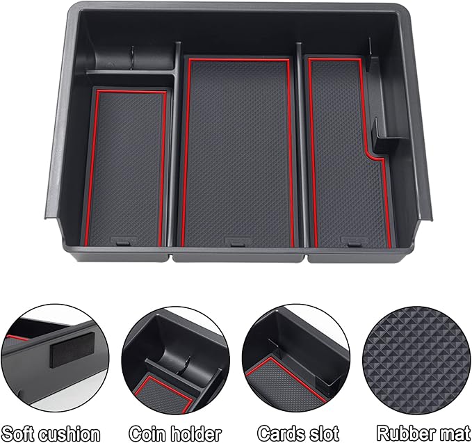JKCOVER Center Console Organizer Compatible with Chevy Silverado/GMC Sierra 2014 2015 2016 2017 2018 1500/2500/3500HD Accessories Console Compartment Storage Tray -Bucket Seats ONLY (Red Trim)