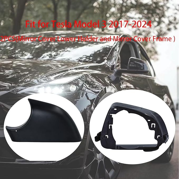 Fits For Tesla Model 3 Left Driver Side Wing Mirror Cover and Mirror Frame Set Rearview Lower Holder Tray Cap Housing 2017-2024(left side black)