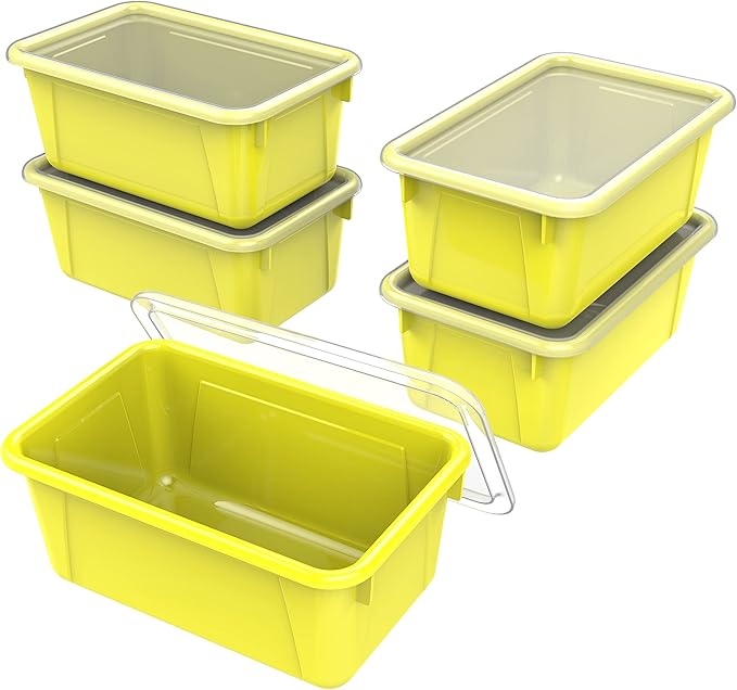 Storex Small Cubby Bins – Plastic Storage Containers for Classroom with Non-Snap Lid, 12.2 x 7.8 x 5.1 inches, Yellow, (62410