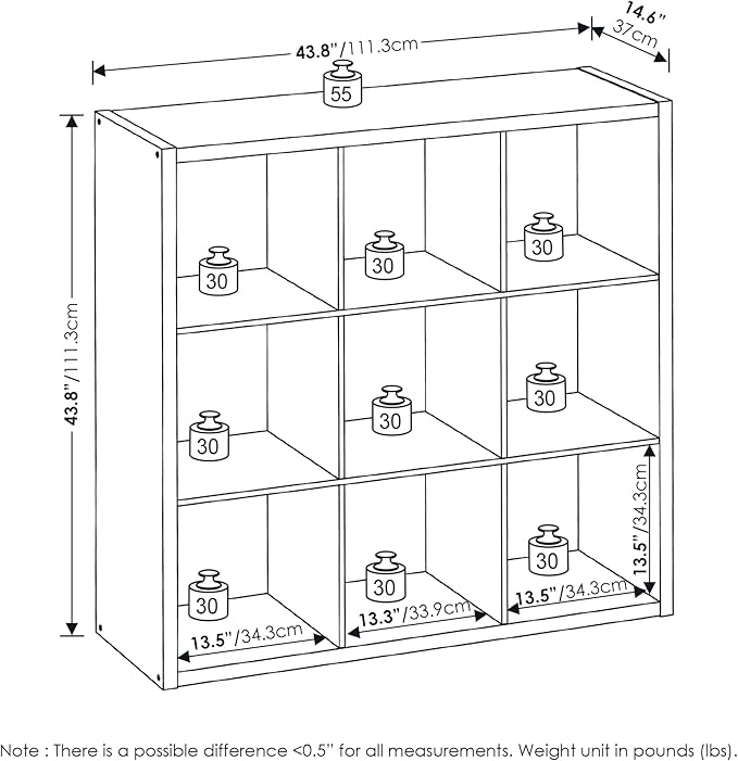 Furinno Cubicle Book Shelf, 9-Cube Bookshelf, Extra Thick Frame Reversible Bookcase with Open Back, 14.6" x 44" x 44", for Li