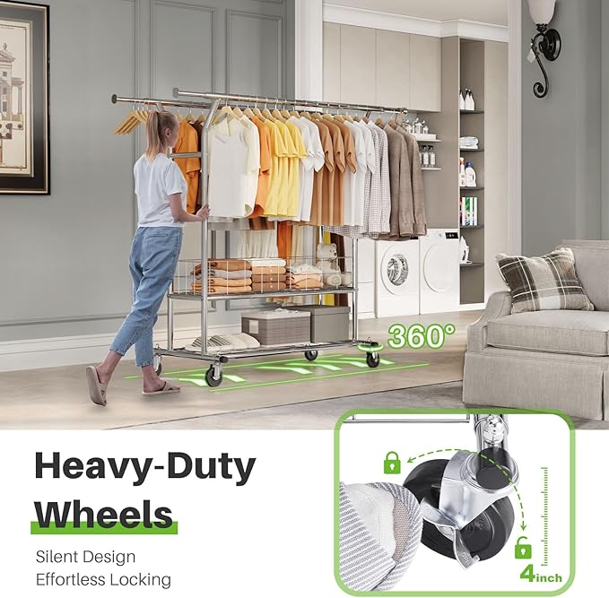 HOKEEPER Heavy Duty Clothes Rack Load 635 LBS, Clothing Rack for Hanging Clothes Adjustable Rolling Garment Rack with Wheels 
