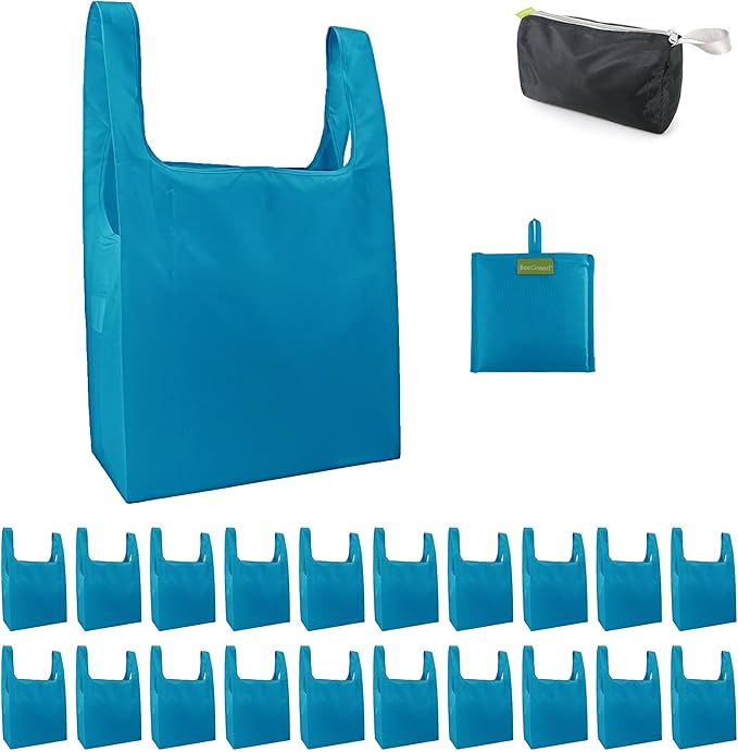 BeeGreen Reusable Shopping Bags Foldable-Machine Washable with Zipper Storage Pouch, 20 Pieces