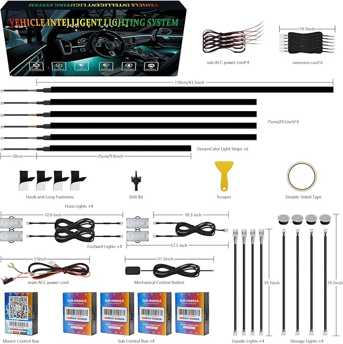 New Version Dreamcolor Acrylic Car Interior Lights 18 in 1 RGB Car Ambient Lighting Kit APP Control Zoned Control System 252 Color Modes DIY 16 Million Colors Music Sound Active Neon Light Kits