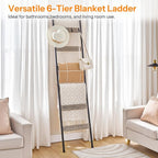 HOOBRO Blanket Ladder, 6-Tier Towel Rack with Hooks, Wall-Leaning Blanket Rack, Decorative Display Ladder Shelf, Scarves, Ind