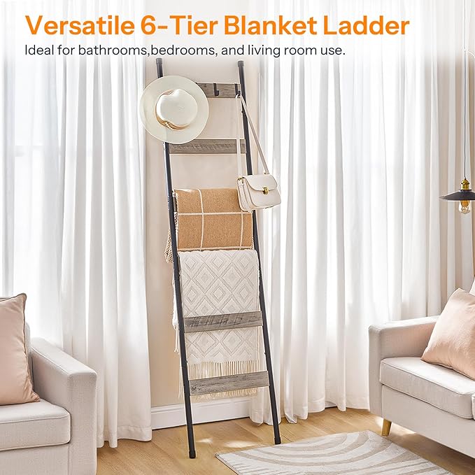 HOOBRO Blanket Ladder, 6-Tier Towel Rack with Hooks, Wall-Leaning Blanket Rack, Decorative Display Ladder Shelf, Scarves, Ind