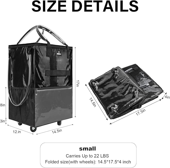 Reusable Grocery Bag On Wheels, Foldable Shopping Rolling Tote Bag with 6 Pockets, Shopping Trolley Cart with Zippered Top & 3-Way Handles, Heavy Duty, Lightweight for Moving, Camping, Small, Black