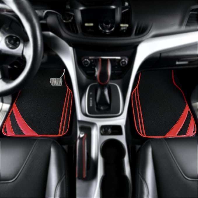 CAR PASS Red Edge Leather Car Floor Mats, Universal Waterproof Car Mats with Double Stitch Line and Anti-Slip Backing Design,